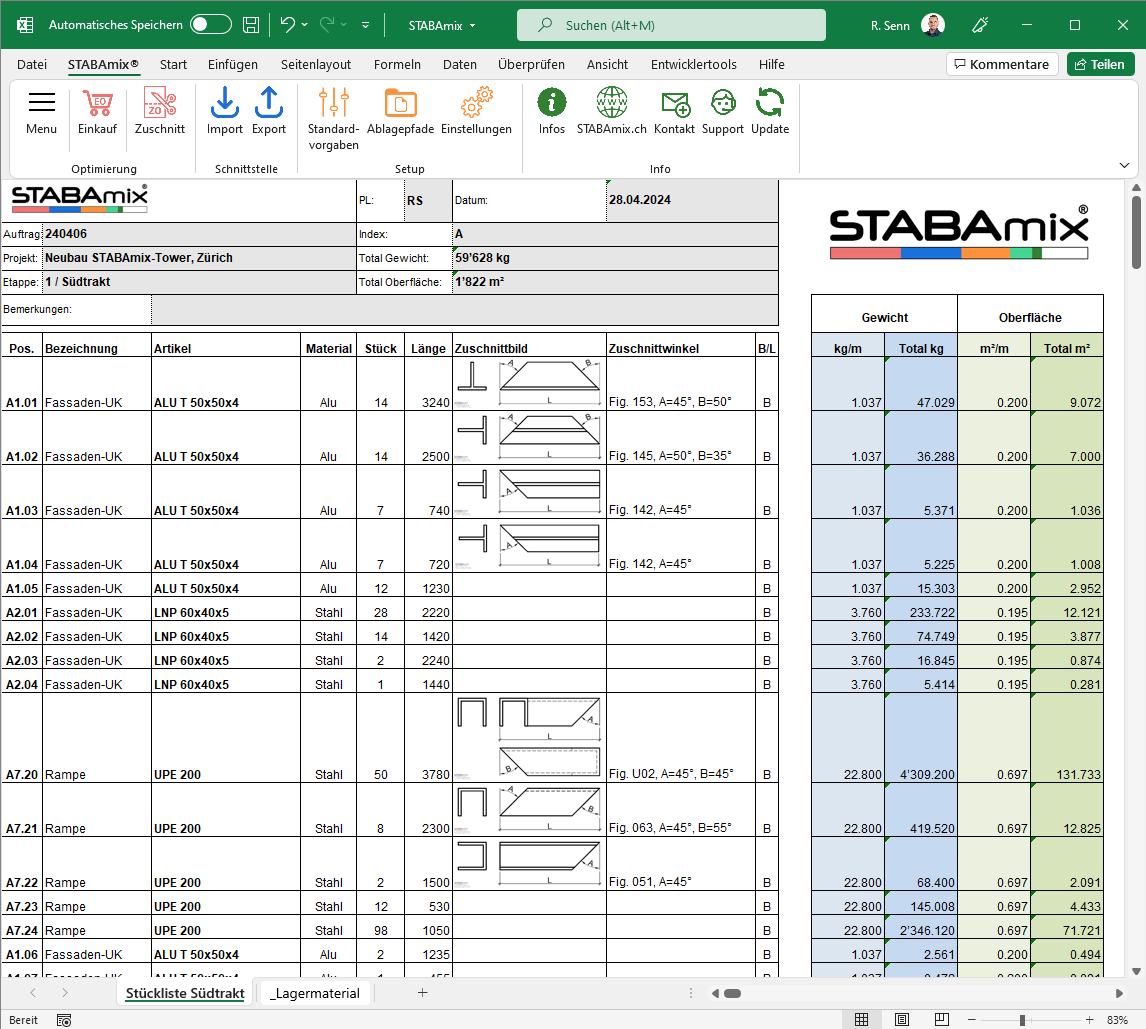 STABAmix® Screenshot – Stückliste für Metall-, Stahl- und Fassadenbau