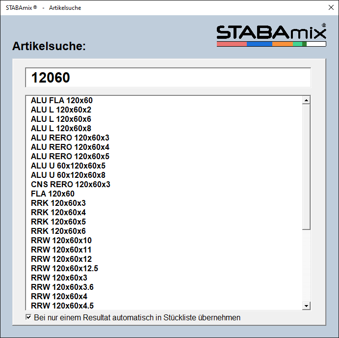 Fenster Artikelsuche: die Eingabe 12060 listet Profile 120 × 60 in Alu, CNS und Stahl