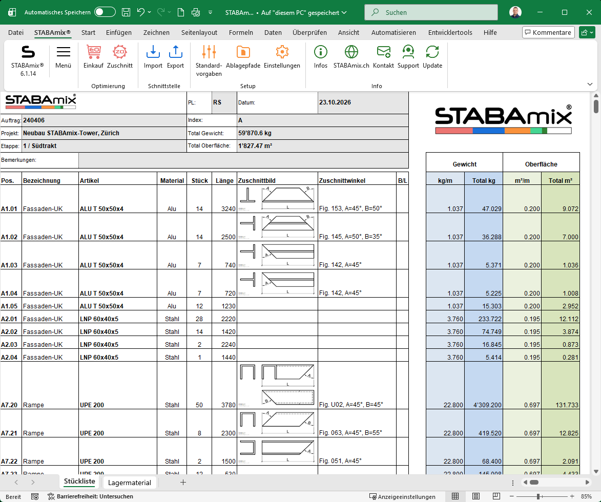 STABAmix® Screenshot – Stückliste für Metall-, Stahl- und Fassadenbau